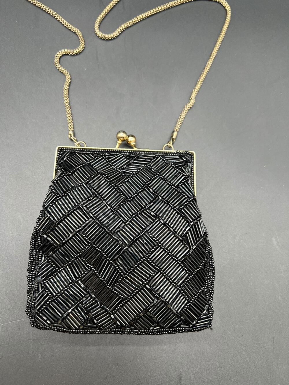 Vintage La Regale Black Evening Beaded Cross-body Bag Gold Hardware Size S